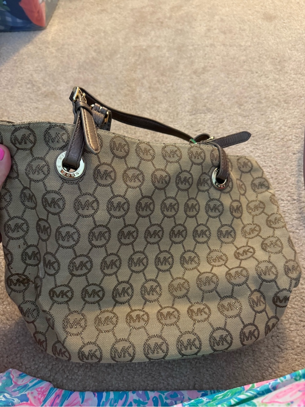 Michael Kors Tan Logo-Print Shoulder Bag with Brown Trim